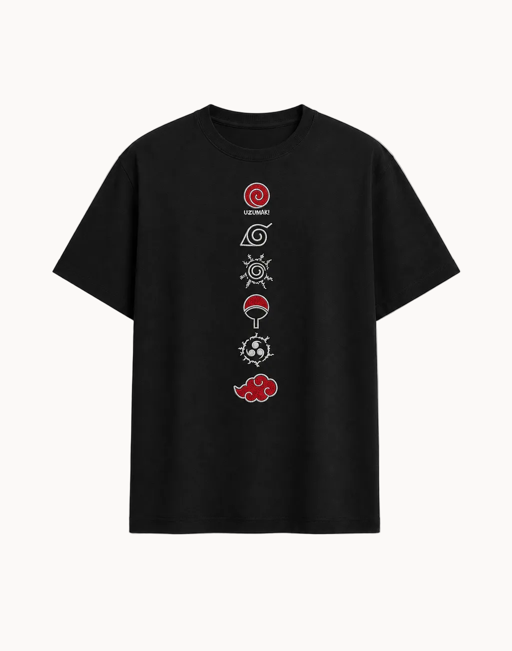 Naruto Embroidered Black T-Shirt – Anime Ninja Symbols Crew Neck Tee