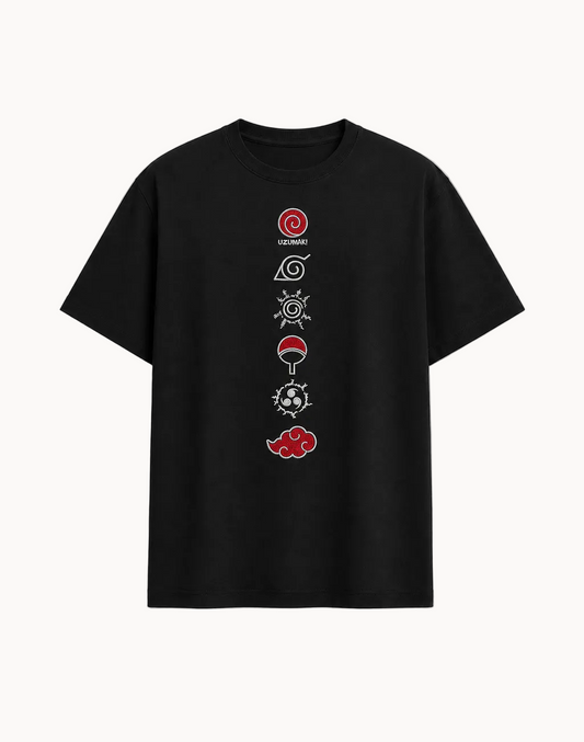 Naruto Embroidered Black T-Shirt – Anime Ninja Symbols Crew Neck Tee